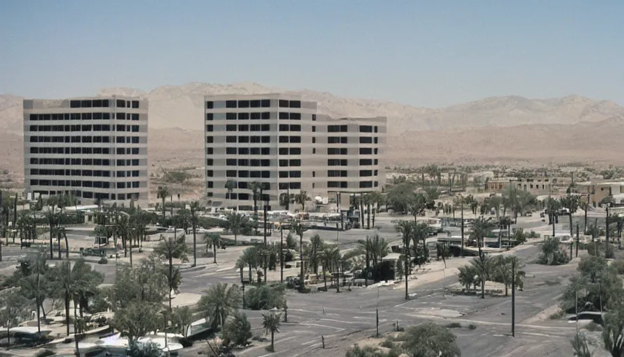 Prompt: 1 9 7 0 s movie still of a empty huge neoclassical town with neoclassical style high - rise in the desert, cinestill 8 0 0 t 3 5 mm eastmancolor, heavy grain, high quality, high detailed