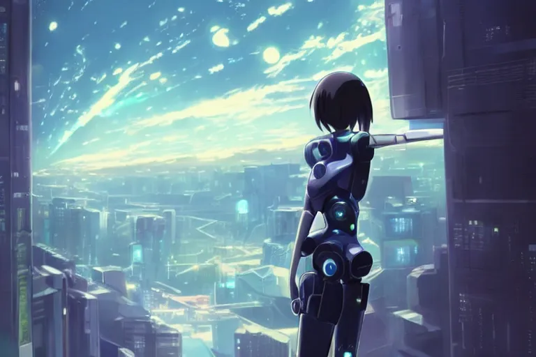 Prompt: makoto shinkai. robotic android girl. futuristic cyberpunk. dystopia. vibrant nebula sky........................................... robotic wired arm