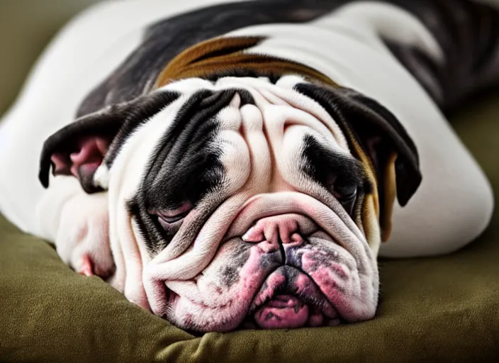 Image similar to a closeup, 4 5 mm, portrait of a sleeping english bulldog in a bed, on a pillow, low light, 4 5 mm, by franz lanting