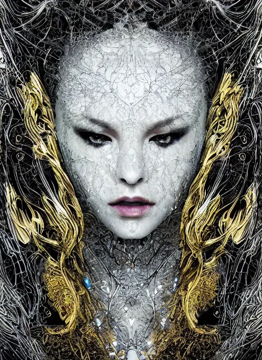 Image similar to glowing silver and golden elements, full close-up portrait, A beautiful dark witch in front of the full big moon, book cover, green forest, red white black colors, establishing shot, extremly high detail, foto realistic, cinematic lighting, pen and ink, intricate line drawings, by Yoshitaka Amano, Ruan Jia, Kentaro Miura, Artgerm, post processed, concept art, artstation, matte painting, style by eddie, raphael lacoste, alex ross