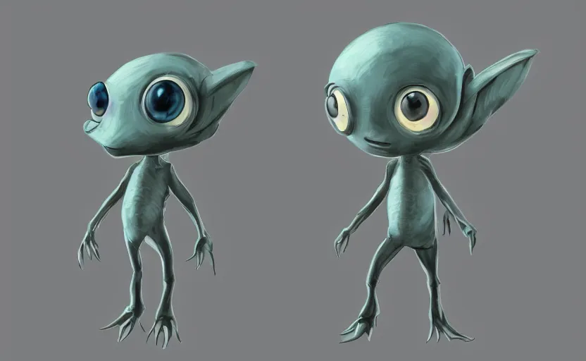 Image similar to cell - shaded cartoon of a miniature alien creature. 1 9 7 0 s science fiction, moody, misty, depth perception, 4 k, artstation, in the style of studio ghibli