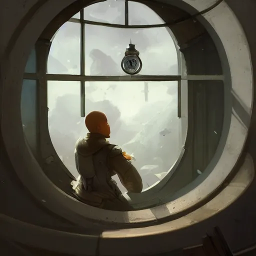 Prompt: a man looking out of a round window from space by peter mohrbacher, jeremy mann, greg rutkowski, android james, ross tran, beautiful, award winning scenery, 8 k quality, clean details, serene, sakura season