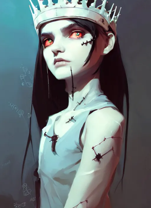 Image similar to portrait of cute goth maiden girl with crown of thorns and white short hairs, warhammer, cyberpunk, by atey ghailan, by greg rutkowski, by greg tocchini, by james gilleard, by joe gb fenton, by kaethe butcher, dynamic lighting, gradient light blue, brown, blonde cream and white color in scheme, grunge aesthetic