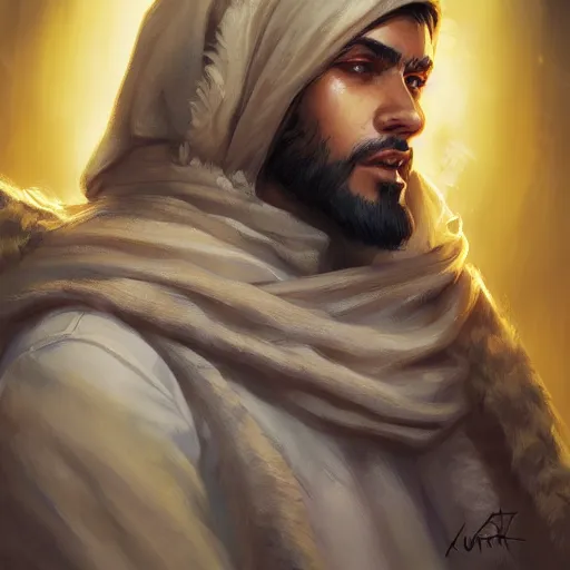 Image similar to portrait of young arabian nomad half wolf, with yellow cloths, league of legends splash art, hearthstone splash art, full body shot, rule of thirds, ultrafine hyperrealistic detailed face, artgerm, greg rutkowski, trending on artstation, 8 k, intricately detailed, highly detailed