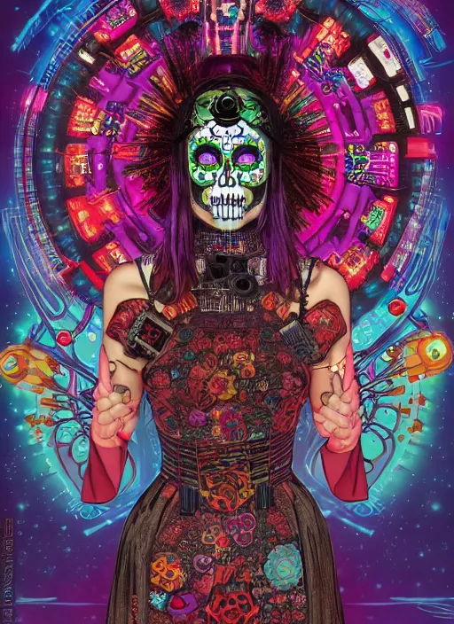 Image similar to cute punk goth fashion hippy fractal Día de los Muertos alien girl wearing kimono made of circuits and leds by Zhang Jingna, poster art by Dan Mumford Kilian Eng Hannah Jeffrey Smith Rick Griffin Alphonse Mucha