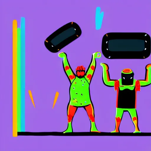 Image similar to wrestlers wearing vr headsets, vr goggles, shrugging, shrugging arms, intricate complexity, inverted neon rainbow drip paint, trending on art station, digital illustration by tom whalen