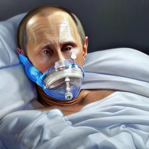 Image similar to hyperrealistic painting of very ill Vladimir Putin wearing an oxygen mask on a death bed inhaling white clubs of smoke from Copium tank that emits smoke, dimly lit hospital room, stunning 3d render inspired art by Tim Okamura and Lise Deharme + perfect facial symmetry + dim volumetric lighting, 8k octane beautifully detailed render, post-processing, extremely hyperdetailed, intricate, epic composition, grim yet sparkling atmosphere, cinematic lighting + masterpiece, trending on artstation, very very detailed, masterpiece, stunning