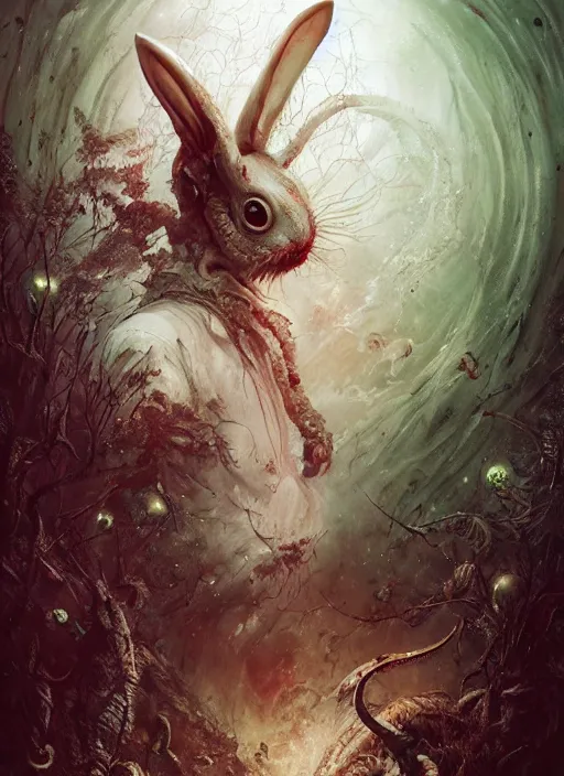 Image similar to white rabbit, call of cthulhu, highly detailed, cinematic, 8 k, by megan duncanson, benjamin lacombe, adrian borda, stanley artgermm, tom bagshaw, craig mullins, carne griffiths, ayami kojima, beksinski, giger, trending on deviantart, hyper detailed, horror, full of colour