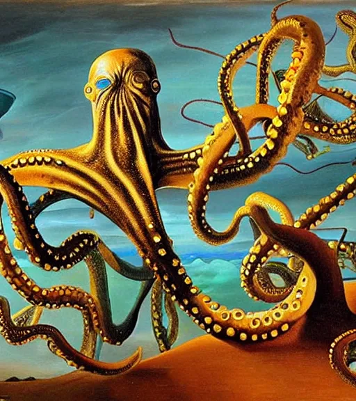Image similar to a cybernetic realistic octopus giving a lecture at 9pm in Cap de Creus, detailed oil painting by Salvador Dali