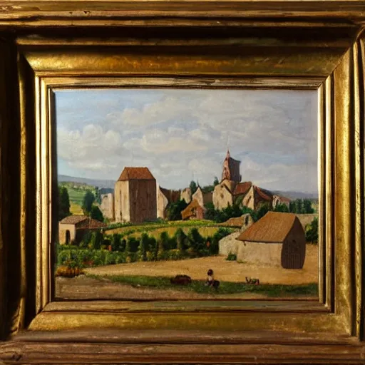 Prompt: painting of a rural French medieval village, by Aleksander Rostov