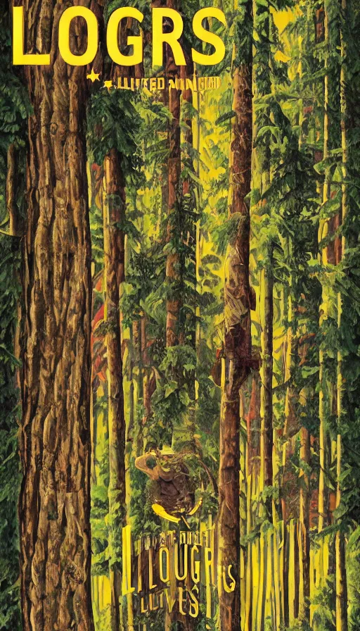 Image similar to movie poster of loggers, cutting douglas firs, highly detailed, hyper realistic, large text, bright colours