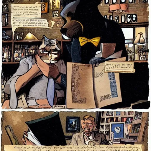 Image similar to blacksad read love letters in a pub