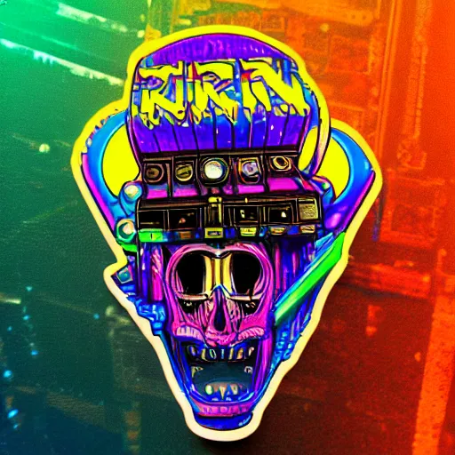 Prompt: sticker of a rock band, name is tripmachine, on the sticker is a 3 d render of a huge futuristic steampunk machine, 8 k, fluorescent colors, halluzinogenic, multicolored, exaggerated detailed, silk screen art
