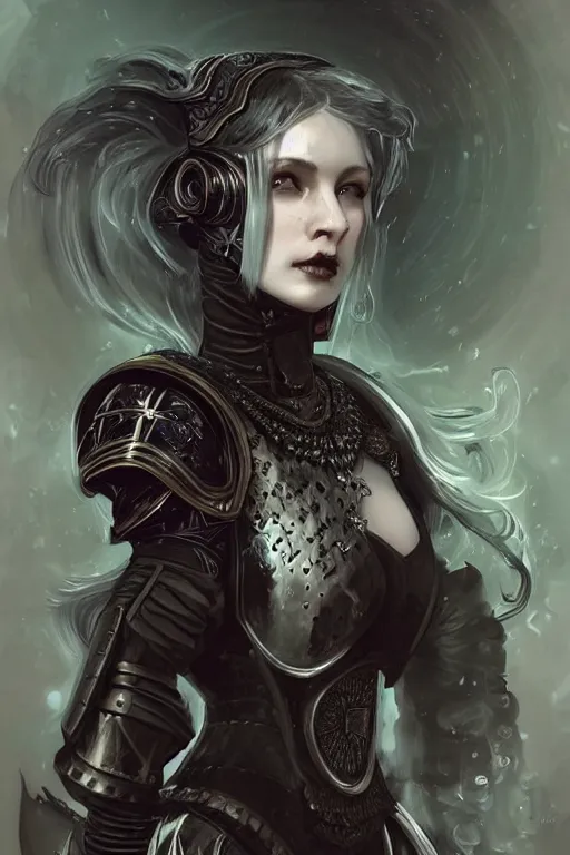 Prompt: beautiful luxury and gothic and victorian and evil young female medieval black armor knight portrait+smoky eyes+front face with light flowing hair, ultradetail face, art and illustration by tian zi and craig mullins and WLOP and alphonse mucha, ssci-fi, fantasy, intricate complexity, human structure, hypermaximalist, fantasy character concept, dynamic lighting, neon light, watermark, blurry, hyperrealism 8k