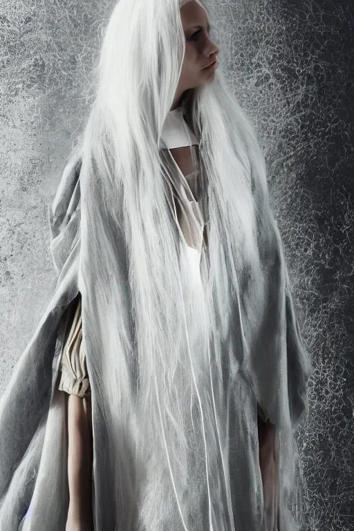 Image similar to beautiful girl with ice white hair wearing long futuristic highly detailed dark cloak designed by yohji yamamoto standing in a shadow of the soft light, mystery, mysterious, soft muted colors, simple shapes, wes anderson, golden ratio, perfect composition, happiness, cannon ef 6 5 mm f / 2. 8