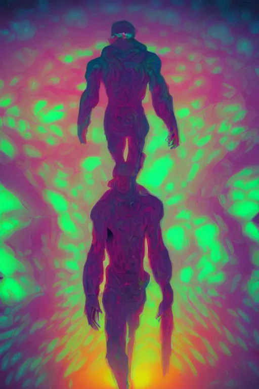 Prompt: portrait of gamma world mutant walking through a psychedelic landscape, in the style of Rob Lefield , trending on artstation, light lighting side view,digital art,surrealism ,macro,blueprint ,vaporwave ,