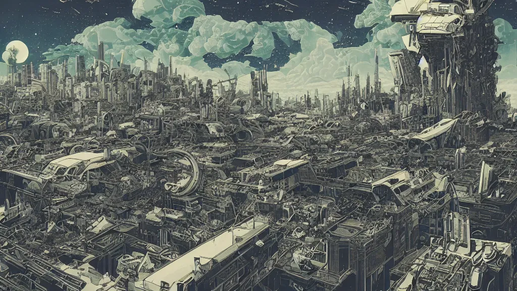 Image similar to very detailed, epic art nouveau graphic novel, ilya kuvshinov, mcbess, rutkowski, simon roy, illustration of space dystopian metropolis, illustration of decrepit cyberpunk arcologies, space junk falling from sky, wide shot, colorful, deep shadows, astrophotography, hyperdetailed, cybernetics, cryengine, realistic shaded lighting, sharp focus