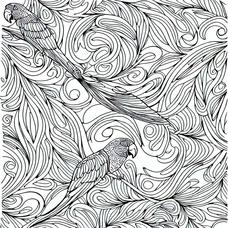 Image similar to two parrots ornaments fractal ink drawing line art colouring page vector