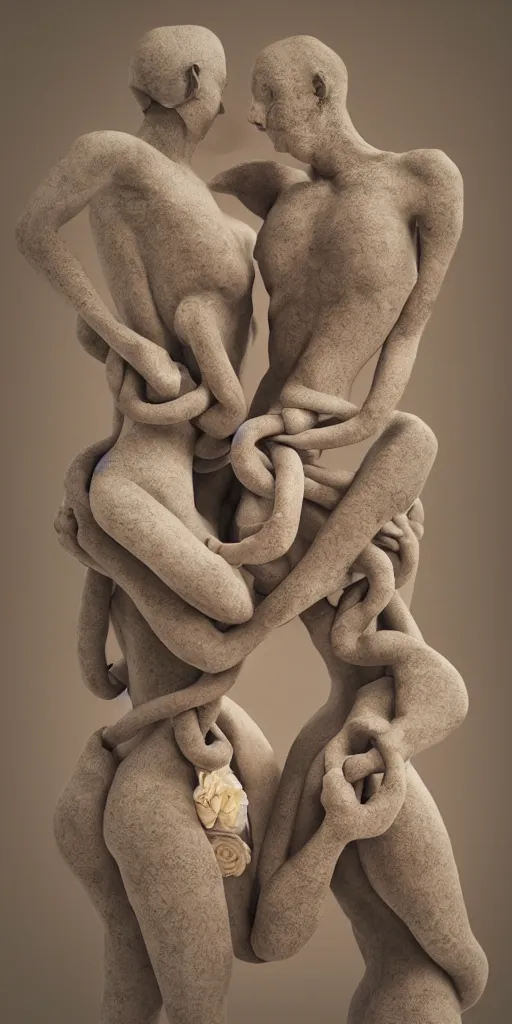 Prompt: closeup photograph of a surrealist sculpture human bodies intertwined, a lovely cornucopia of flowers and human body parts, body parts, made of stone, earth tone colors, muted color palette, skin tones, highly detailed, octane render, cinematic