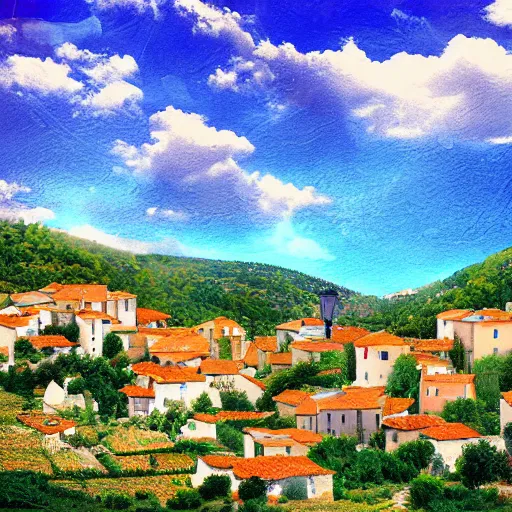 Prompt: village on a prominence in provence, digital art, blue skies