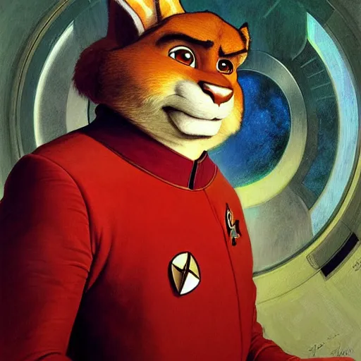 Image similar to a portrait of chief boggo in a starfleet uniform star trek chief engineer. zootopia fursona furaffinity furry art detailed face highly detailed painting by gaston bussiere craig mullins jc leyendecker gustav klimt artgerm greg rutkowski furry