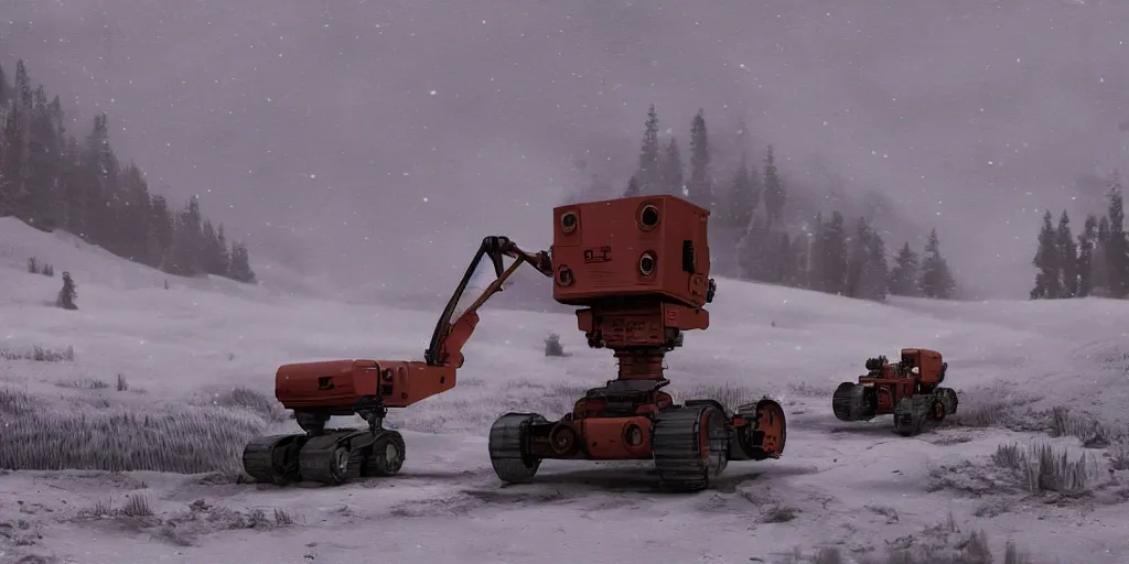 Prompt: a lot of snow realistic macro photograph of dystopian climate field robots working in Colorado mountains as the earth decays behind them, 8k, unreal 5 engine render, misty, dark, dry, Orwellian, vibrant colors, 25mm film grain Artwork by Simon Stålenhag