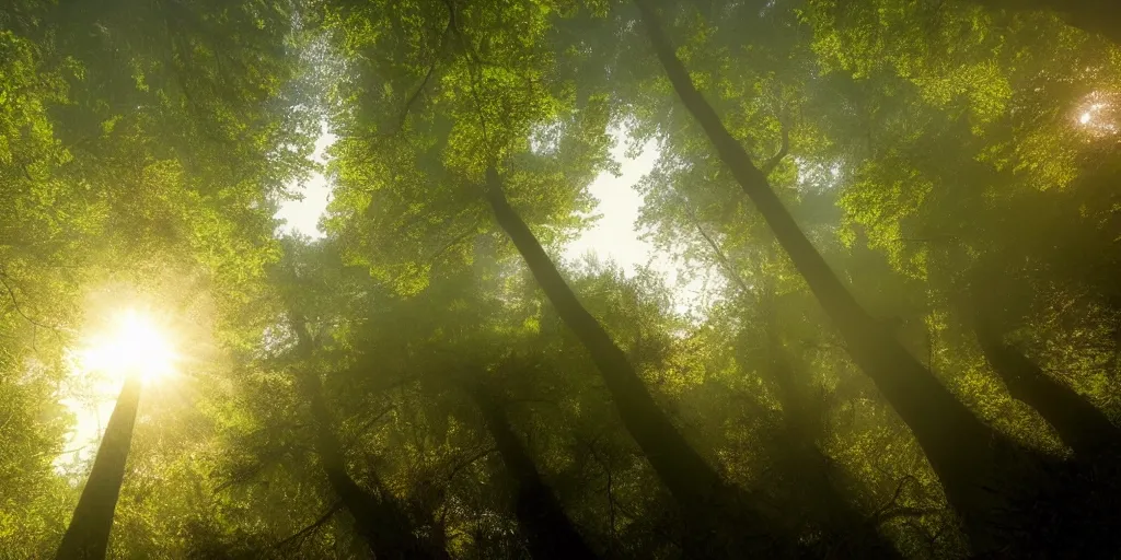 Image similar to a hazy forest with huge oak trees at sunrise, day of the tentacle style, low angle