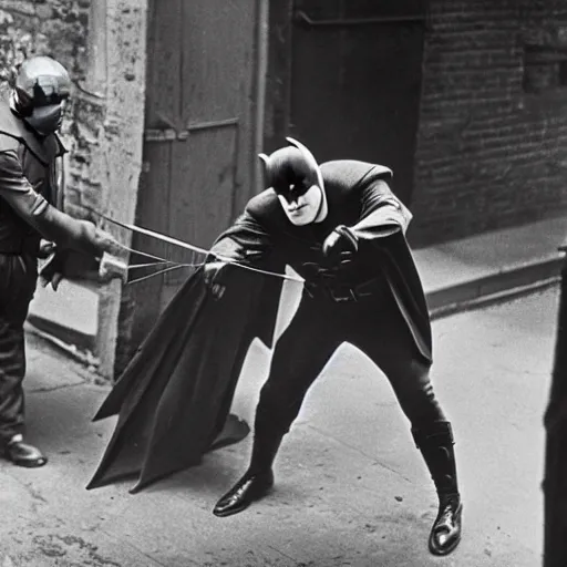 Image similar to old black and white photo, 1 9 2 5, depicting batman fighting a al capone in an alley of new york city, rule of thirds, historical record