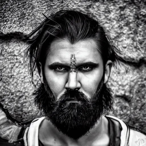 Image similar to bust portrait of handsome proud man with short black hair with a touch of grey hair, viking very short full beard warrior, cyberpunk, fashion editorial photography, waist up, low angle