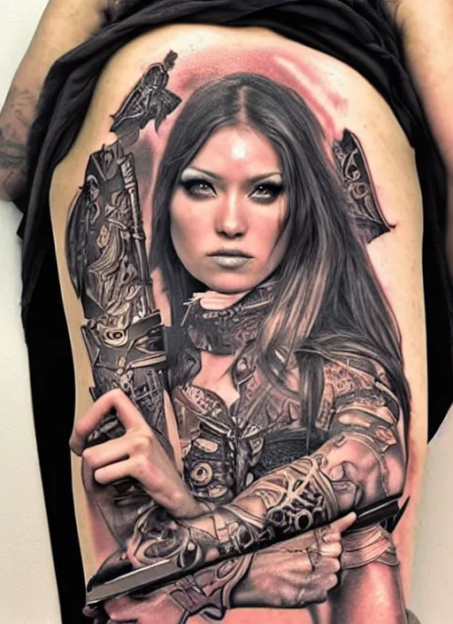 Image similar to tattoo design of a hyper - realistic beautiful girl warrior, hyper detailed, in the design of eliot kohek, on white background