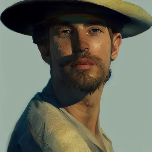 Prompt: Portrait of Sam Gray wearing a sombrero, by Cedric Peyravernay, highly detailed, excellent composition, cinematic concept art, dramatic lighting, trending on ArtStation
