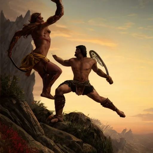 Image similar to an spartan man kicking an spartan woman off a cliff, sunset, sunny, cloudy, digital painting, artstation, concept art, soft light, hdri, smooth, sharp focus, illustration, fantasy, intricate, elegant, highly detailed, D&D, matte painting, in the style of Greg Rutkowski and Alphonse Mucha and artemisia, 8k,