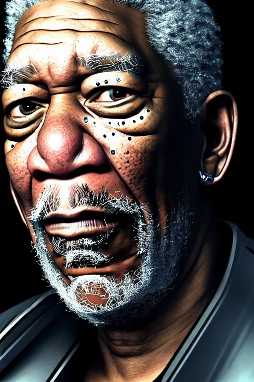 Image similar to a very detailed portrait a cyberpunk Morgan Freeman, biotech, machine, photorealistic, highly detailed with a cyberpunk style, unreal engine, defined cheekbones, dramatic cinematic lighting