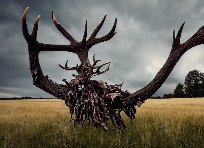 Image similar to photograph of a horrifying nature monster made of animal parts, tree parts, bones, antlers and an extremely long neck, in a meadow, nightmare, designed by ken barthelmey, dramatic lighting, full frame photography