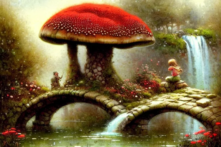 Image similar to adventurer ( ( ( ( ( 1 9 5 0 s retro future forrest of giant mushrooms, moss and flowers stone bridge waterfall and cottage. muted colors. ) ) ) ) ) by jean baptiste monge!!!!!!!!!!!!!!!!!!!!!!!!! chrome red