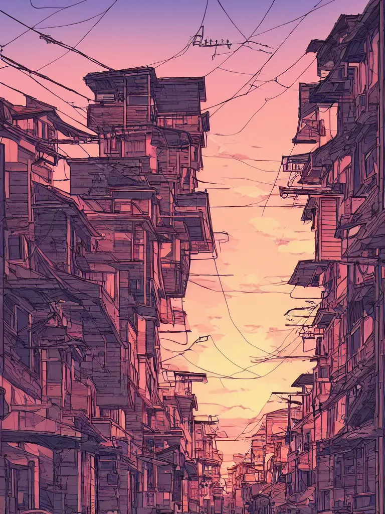Image similar to a digital art of a close up view of a japanese street of low houses, pedestrians, sunset, beautiful sky and clouds, by laurie greasley, artstation, studio ghibli color scheme