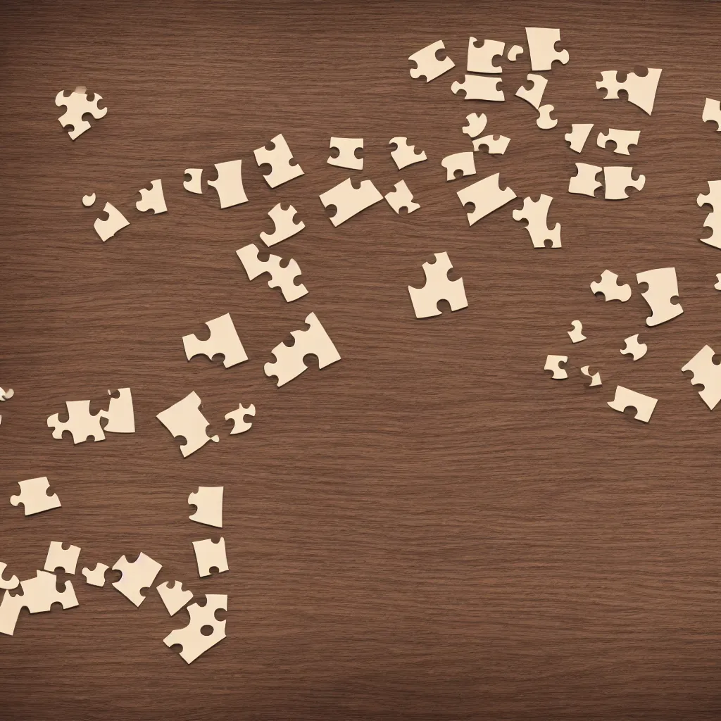 Prompt: top down view with puzzle pieces on top of wooden table, wallpaper, 4k, photorealistic
