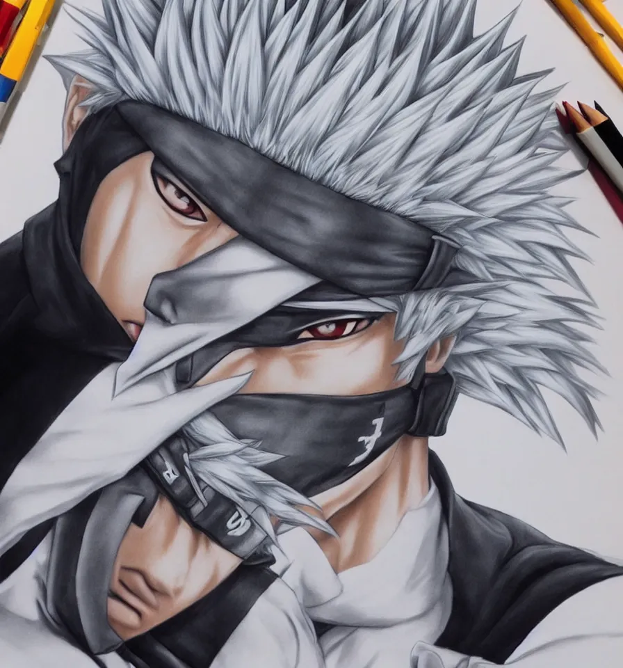 Image similar to hyper-realistic splashart illustration of kakashi hatake drawn by dao trong le