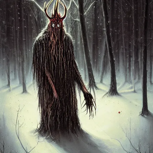 Image similar to cloaked humanoid wendigo feasting on a bloody dear, nighttime located in a snowy dark forest, lurking horror, forboding, high detail, oil painting, style of seb mckinnon