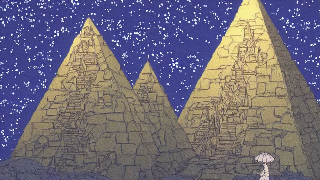 Image similar to a movie still from a studio ghibli film showing a pyramid as a mine runoff storage facility in the rainforest on a misty and starry night. by studio ghibli