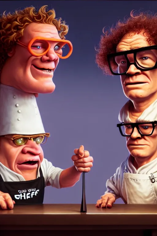 Prompt: a portrait of fry chef next to Steve Brule wearing glasses, realistic faces, grimdark extremely detailed fantasy art by Gerald Brom, octane render