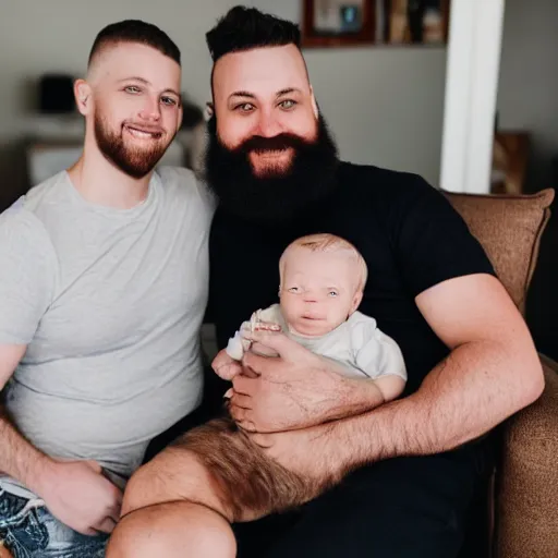 Prompt: a photo of a white man with a mid fade haircut and level 1 clipper beard that is happy with his 3 month year old baby boy and his wife who has dark hair.