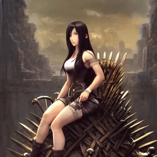 Image similar to a painting of tifa from final fantasy 7 in kings landing from game of thrones, sitting majestic on the iron throne, by greg rutkowski, artgerm, wlop, ruan jia, krenz cushart, alphonse mucha, marble, gold, unreal engine 5