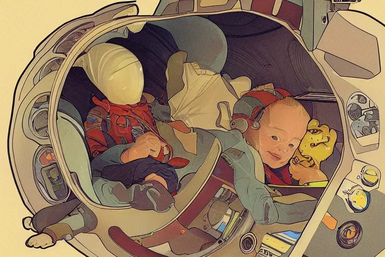 Image similar to a baby in a spaceship, very detailed, smooth render, illustration, art style by shigeru miyamoto and Alphonse Mucha