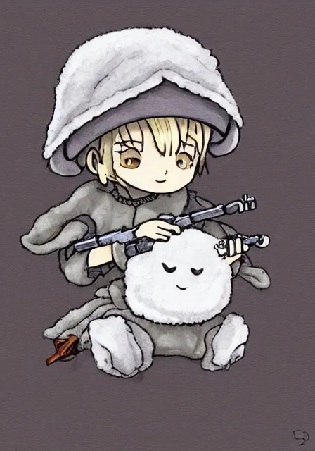 Image similar to little boy wearing sheep suit playing an flute sitting on bed. white, gray, blue, green and brown pallet color. made in abyss art style, inspired in kris from deltarrune, cute detailed artwork, anatomically correct