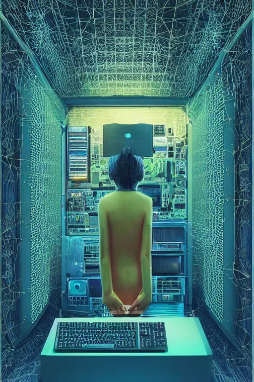 Image similar to Digital art, very highly detailed Haker that haking, siting inside the giant very highly detailed computer, by Beeple very highly Detailed by Guy Bourdin and Reka Nyari,on Pentax 67, Kodak Portra 400, soft Cyan Gold light, The Golden Ratio from the distance