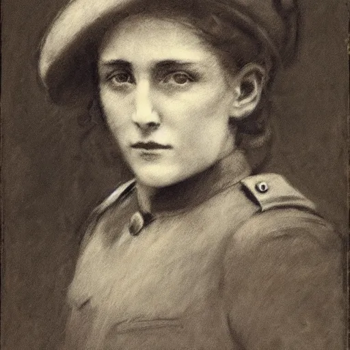 Image similar to ww 1 action heroine by alfred stevens in charcoal