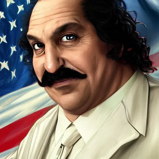 Image similar to handsome Ron Jeremy as President of United States of America as GTA character, sci-fi fantasy, closeup, D&D, intricate, elegant, highly detailed, digital painting, artstation, concept art, matte, sharp focus, illustration, art by Artgerm and Greg Rutkowski and Alphonse Mucha