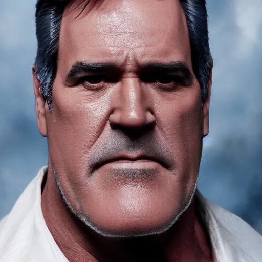 Image similar to a picture of bruce campbell who looks like thanos, portrait, infinity wars, ultra realistic, 4 k, ultra high def