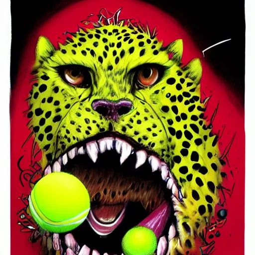 Prompt: a tennis ball monsters ,cheetah, colorful, digital art, fantasy, magic, trending on artstation, ultra detailed, professional illustration by Basil Gogos